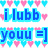 Pixelated text and heart pattern on a white background with blue, pink, and green elements.