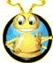 Yellow insect-like character with large eyes and antennae, smiling in a circular frame against blue background.