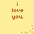 Yellow background with brown pixelated text "i love you." repeated in four positions, animated dots forming a curved trail between them.