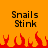 Pixelated orange background with two identical text blocks reading "Snails Stink" and red flame shapes along the bottom edge.