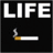 Animated sequence showing a cigarette with smoke above it, where the word 'LIFE' appears and degrades across frames.