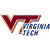 Maroon 'VT' monogram with orange outline and gradient fill, adjacent to blue 'VIRGINIA TECH' text in pixelated sans-serif font on white background.