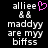 Pixelated text on black background with pink heart symbol; two identical frames side-by-side showing 'alliee && maddy are myy biffs' in white block letters.