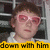 Pixelated image of a person with brown hair wearing red-tinted glasses and white clothing, set against a dark background with yellow text at the bottom.