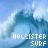Animated wave graphic with 'HOLLISTER SURF' text; first frame shows white text, second frame changes 'SURF' to pink.