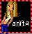Pixelated static buddy icon featuring a cartoon woman with long blonde hair, blue pants, and a white top with blue accents against a black background bordered by red-and-white checkered pattern.
