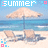 Beach scene with umbrellas and chairs repeated in a pattern, overlaid with 'SUMMER' text in blue and pink pixelated letters