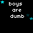 Pixelated text 'boys are dumb' in white on black background with scattered cyan and dark blue stars, animated star positions across frames.