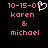 Pixelated pink text on black background reads '10-15-07 karen & michael' with a white heart symbol replacing the 'o' in '07', visible in two side-by-side frames.