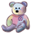 Pixelated 48x48 static icon of a teddy bear with rainbow-colored fur, pink chest patch, and purple flower symbol on its torso against white background.