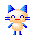 A 6-frame pixel art animation of a beige cat-like mascot with blue ears, limbs, and whiskers in various poses against a gray background.
