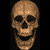 Pixelated skull with brown tones, black background; left view shows closed eyes and a smile, right view shows one eye open and mouth agape.