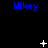 Blue text "Mikey" appears in three on a black background with animated white pixel symbols changing across frames