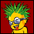 Pixelated cartoon character with yellow face, green mohawk, sunglasses, and tongue out against red background.