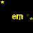 Yellow 'em' text on black background with scattered yellow and brown stars, some stars animate in position across frames.