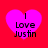 Four identical pink heart shapes on a red background, each containing black text reading "I Love Justin" with the "I" centered above "Love" and "Justin" below.