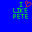 Blue background with green pixelated text 'I LIKE PETE' and an orange heart symbol replacing the word 'love' in the first frame.