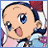 Pixelated anime-style character with blue hair and large blue eyes, mouth open in surprise, wearing a light blue outfit with pink accents, set against a black background with white text.