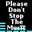 Pixelated text and cyan audio bars on black background, repeating 'Please Don't Stop The Music' with visible animation changes in bar positions.