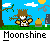 Pixel art contact sheet showing five animated frames of a character playing drums in a cartoon landscape with trees, clouds, and a sun.