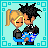 Pixel art contact sheet showing five frames of an animated buddy icon featuring two cartoon characters in a romantic embrace with changing expressions and poses, transitioning to text display.