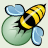Pixelated bee with yellow and black stripes perched on a green leaf, blue wings visible in static image.