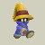 Pixelated character in blue robe and yellow hat with red band, shown in four sequential poses against light gray background.