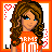 Pixel art of a female character in orange and white attire with curly brown hair, blue eyes, and heart-patterned background