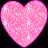 Three pink glittery heart shapes arranged in a 2x2 contact sheet with one gray square placeholder, each heart rendered as pixelated sparkles on black background.