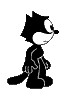 Black-and-white cartoon character in multiple poses on gray background, showing walking cycle and head-turning animation.