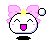 A 4-frame pixel art animation of a round white character with pink bow, yellow star, and black base across two rows on gray background.