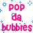 A static contact sheet of a 48x48 pixel animated icon featuring repeated pink text "pop da bubbies" with blue geometric shapes on a white background, partially cropped at the bottom right.