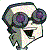 Pixelated skull with dark sunglasses, white teeth, and multicolored pixel blocks forming the face against a plain background.