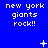 Blue background with repeated 'new york giants rock!!' text in white pixelated font, featuring animated star and dot symbols.