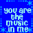 Blue background with light blue pixelated text repeating 'you are the music in me' arranged in a pattern, surrounded by star and line border elements