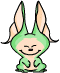 Green cartoon character with large ears and closed eyes smiling on left, same character with open blue eyes and mouth on right.