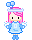 Pixel art character with pink hair, blue outfit, and floating ice cubes above head; two poses show different arm positions.
