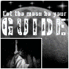Black-and-white animated icon with moon background, text "Let the moon be your GUIDE," and changing central image of a figure in motion.