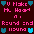 Pixelated text and heart symbols repeat in a pattern on a dark background, with alternating heart colors and text positions