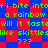 A static pixel art image with green text on a blue and red checkered background, repeating phrases about biting rainbows and skittles.
