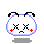 Pixelated white head with blue outline, black antennae, X eyes, red cheek marks, and downturned mouth in four variations showing subtle facial changes.
