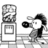 A cartoon character with dark hair and a white face stands in front of a tiled wall, holding a camera-like object near their mouth.