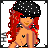 Pixel art contact sheet of a female character in black polka-dot bikini bottoms and top, red hair, black beret with white dots, posing across 12 frames with text captions below each frame.