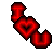 Three red pixelated heart shapes with black outlines arranged in a diagonal cluster on white background.