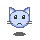 Pixelated blue cat face with white inner ears, black eyes, pink cheeks, and gray whiskers; two states show open eyes and closed eyes with purple tears.