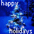 Animated blue background with white text 'happy' and 'holidays', featuring a pixelated figure that changes pose across frames.