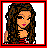 Pixel art contact sheet of a punk-themed animated buddy icon featuring a female character with long brown hair, red-and-black striped crop top, black pants, and accessories across six frames showing different poses and text.