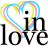 repeated heart-shaped icons with cyan and pink outlines, each containing the text 'in' above a larger 'lovelove' in black serif font on white background