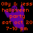 Pixelated orange text on black background with purple ghost graphic, repeating party details for Olly & Jess Halloween event.