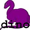 Purple dinosaur silhouette with long neck and tail, standing above black lowercase text 'dino' on white background.